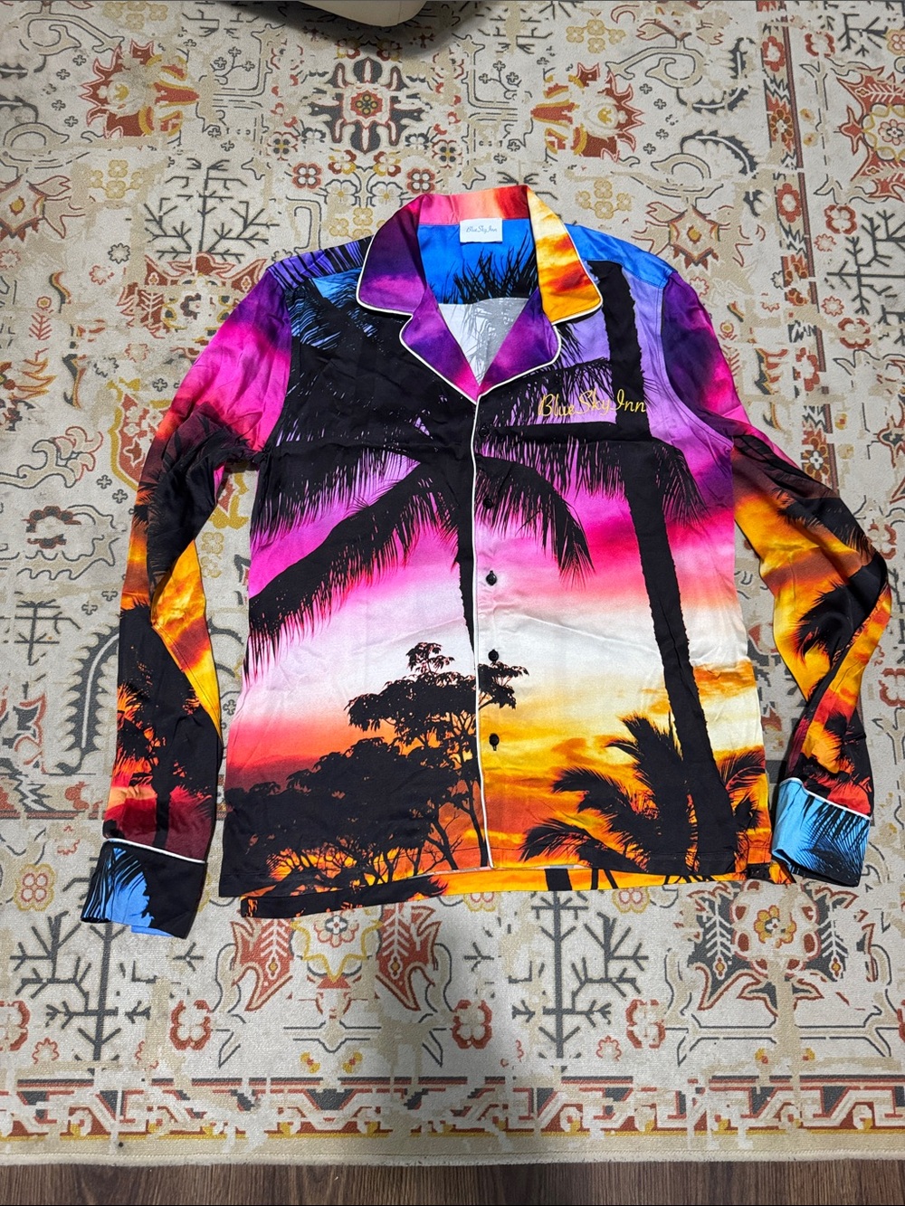 Blue sky inn Multicolor Sunset Palm Tree Button-Down Shirt